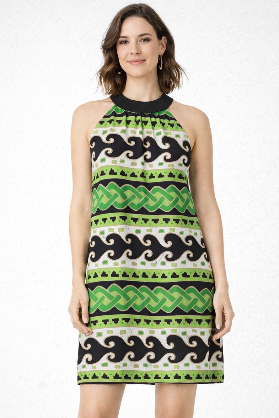 Milly Silk Halter Dress Green Black Womens 10 Retro Shift Abstract Geometric